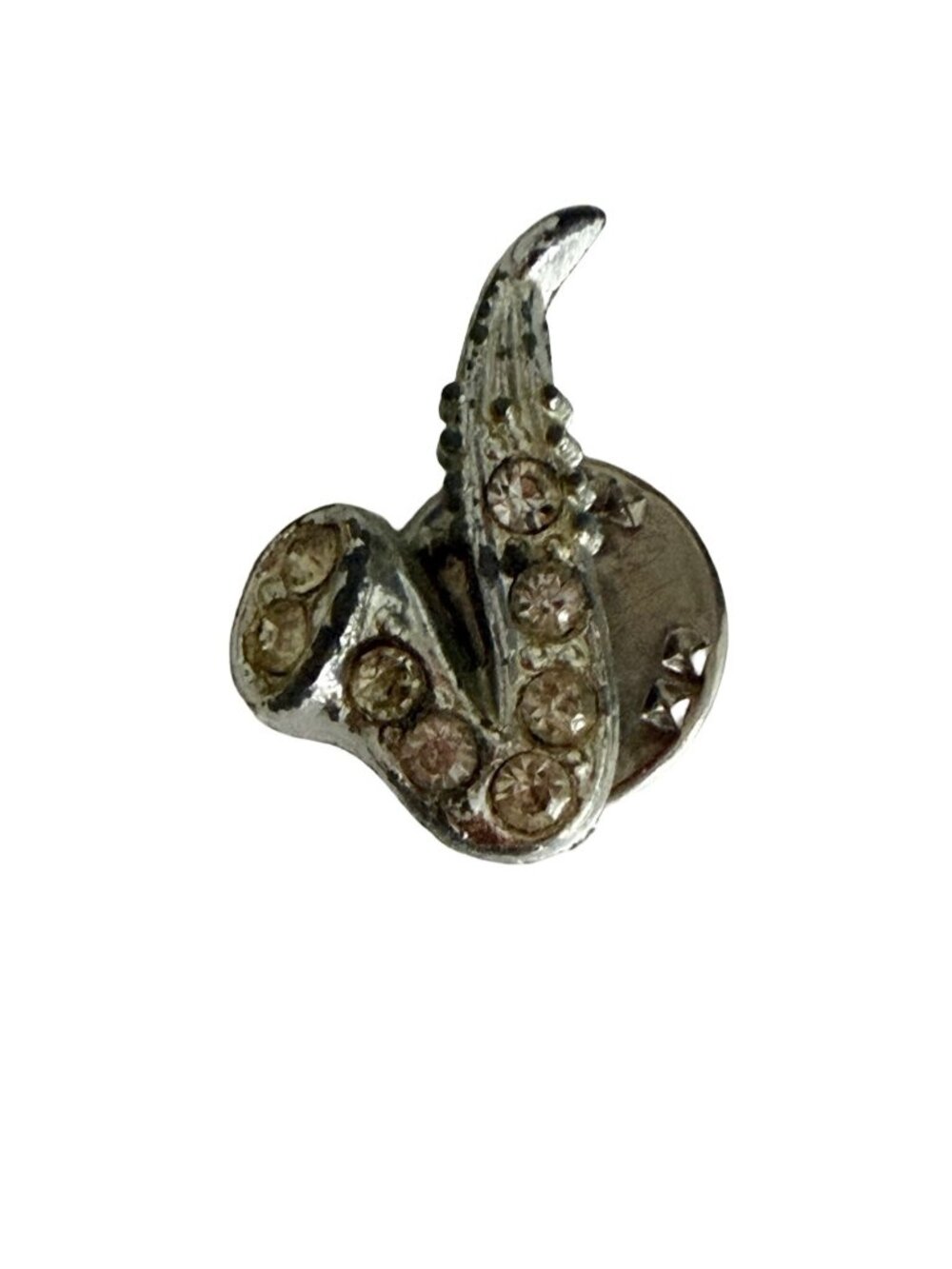 Vintage Rhinestone Saxophone Lapel Pin Silver Tone Musician Jazz Band Brooch